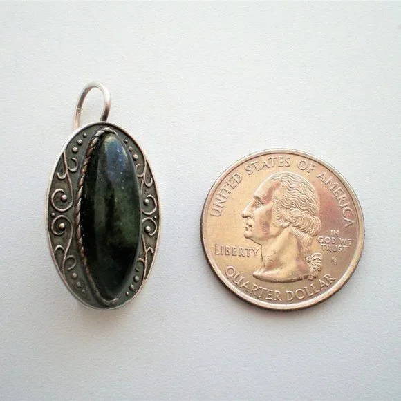 LARGE Antique Vintage Russian USSR Silver 875 Nephrite Jade Dangle Drop Earrings